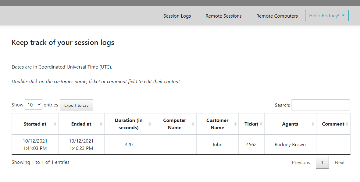 Session Logs Page